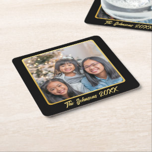 Modern Black and Gold Celebration Photo Square Paper Coaster