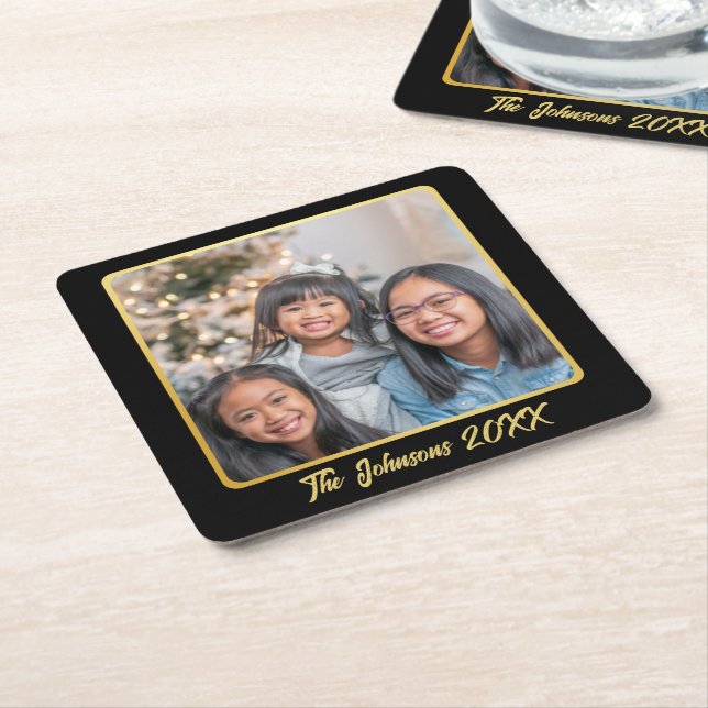 Modern Black and Gold Celebration Photo Square Paper Coaster (Angled)