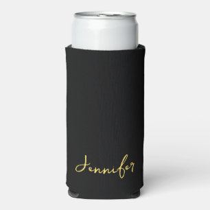Modern Black And Gold Chic Script Personalized Seltzer Can Cooler