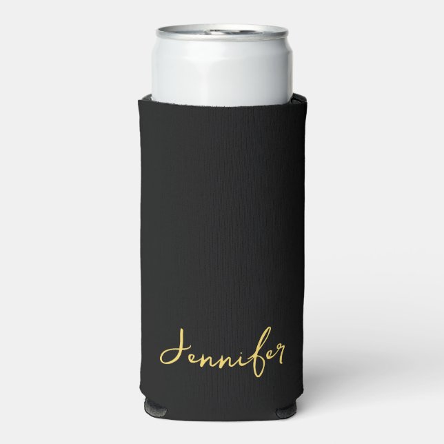 Modern Black And Gold Chic Script Personalized Seltzer Can Cooler (Seltzer Front)