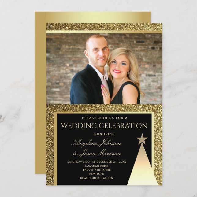Modern Black and Gold Christmas Wedding Invitation (Front/Back)