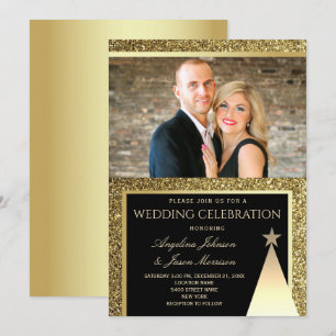 Modern Black and Gold Christmas Wedding Invitation
