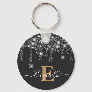 Modern Black and Gold Drips Glitter Monogram Keychain