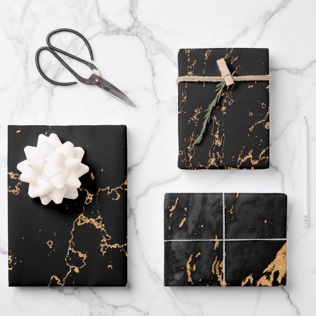Modern Black and Gold Dusty Wrapping Paper Sheet (Front)