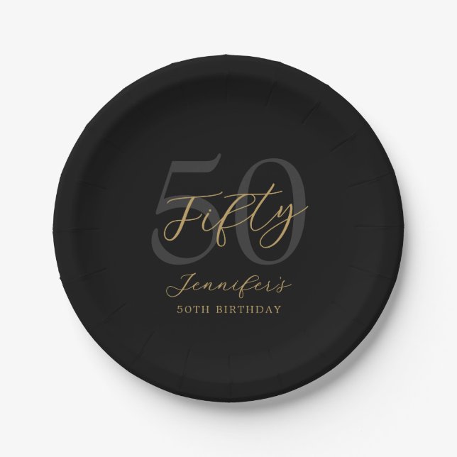 Modern Black and Gold Elegant 50th Birthday Paper Plate (Front)