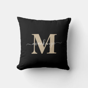 Modern Black and Gold Elegant Monogram Name Throw Pillow