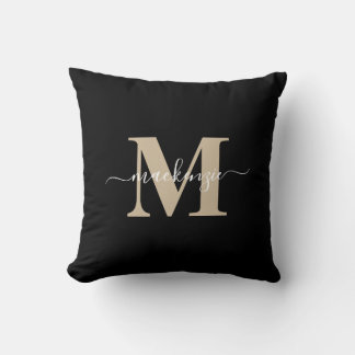 Modern Black and Gold Elegant Monogram Name Throw Pillow