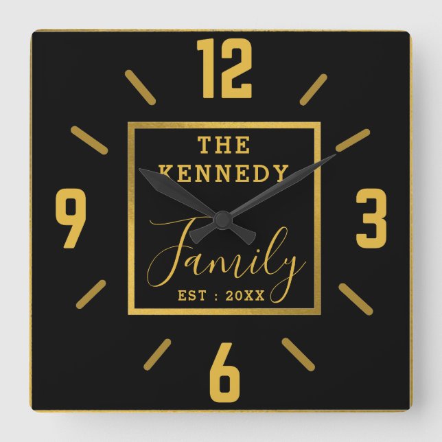 Modern Black And Gold Family Name Personalized Square Wall Clock (Front)