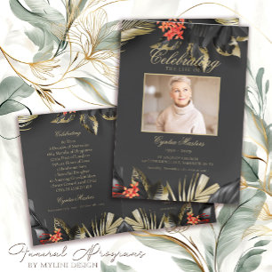 Modern Black and Gold Floral Photo Funeral Program