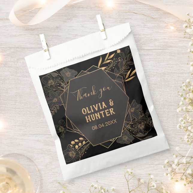Modern Black and Gold Floral wedding thank you Favour Bag (Clipped)