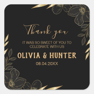 Modern Black and Gold Floral wedding Thank you Square Sticker