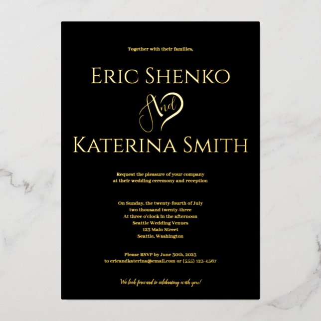 Modern Black and Gold Foil Wedding Invitation (Front)