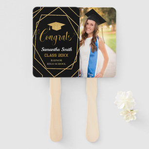 Modern Black and Gold Geometric Graduation Photo Hand Fan