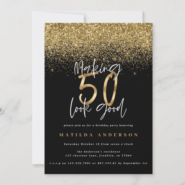 Modern black and gold glitter 50th birthday (Front)