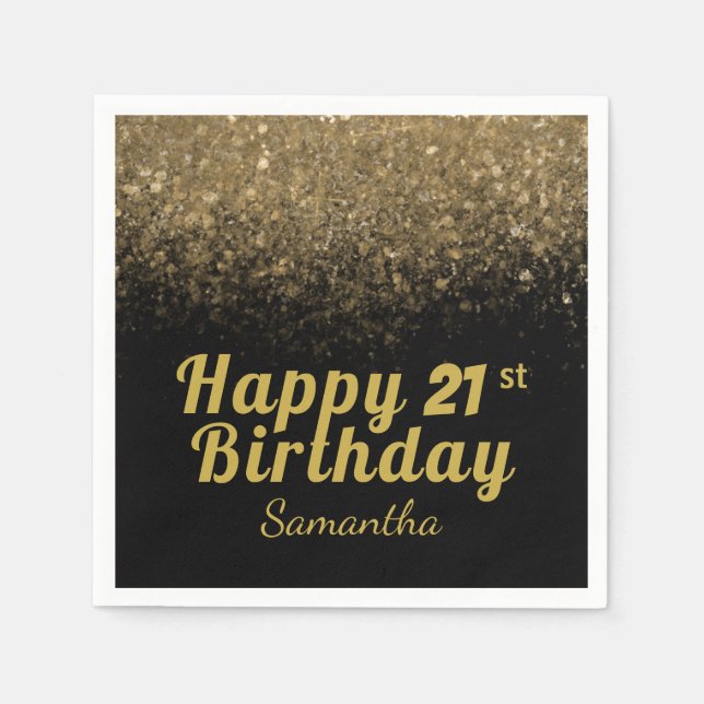 Modern Black and Gold Glitter Any Age Birthday Napkin (Front)