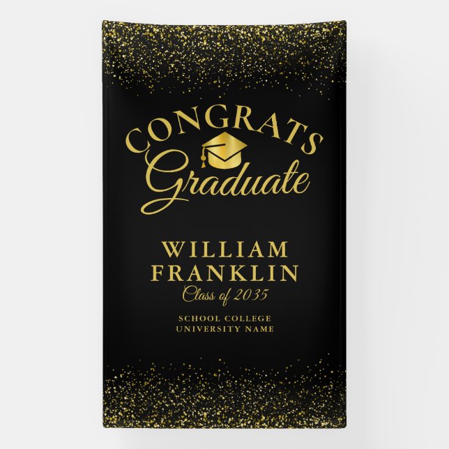 Modern Black And Gold Glitter Graduation Banner (Vertical)