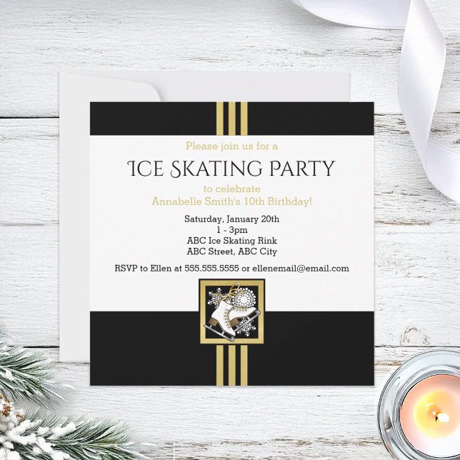 Modern Black and Gold Glitter Ice Skating Party Invitation (Creator Uploaded)