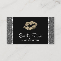 Modern Black and Gold Glitter Lipstick Make Up Business Card