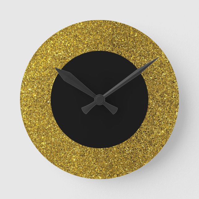 Modern Black and Gold Glitter Round Wall Clock (Front)