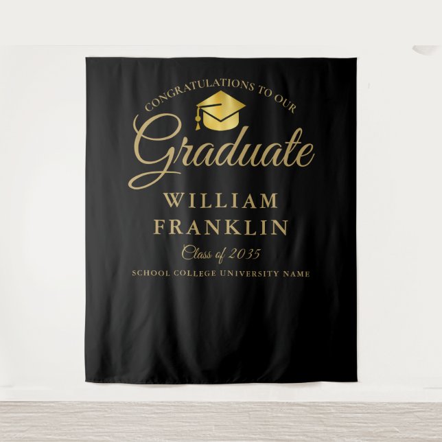 Modern Black And Gold Graduation Photo Backdrop Tapestry (Front)