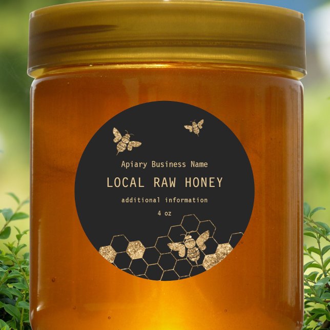 Modern Black And Gold Honey Bees Honeycomb Classic Round Sticker (Creator Uploaded)