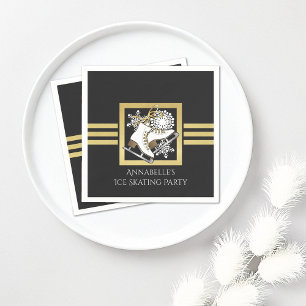 Modern Black and Gold Ice Skating Party Napkin