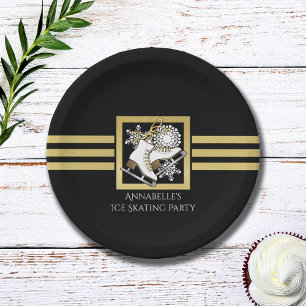 Modern Black and Gold Ice Skating Party Paper Plate