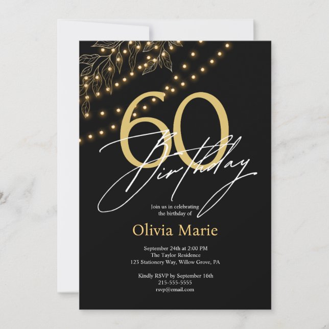 Modern Black and Gold Lights 60th Birthday  Invitation (Front)