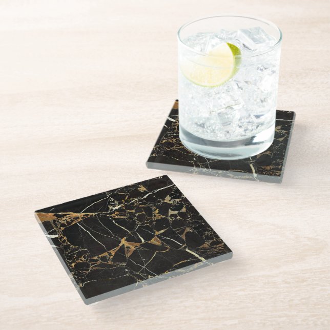 Modern Black and Gold Marble | Custom Glass Coaster (Angled)