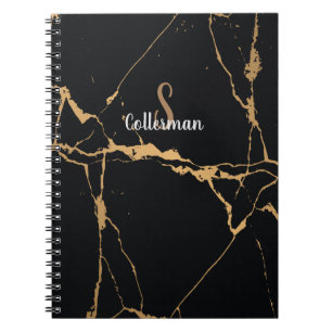 Modern Black and Gold Marble Monogram Script Name Notebook