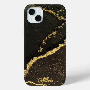 Modern Black and Gold Marbled Custom Name iPhone 15 Mini Case