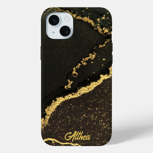 Modern Black and Gold Marbled Custom Name Case-Mate iPhone Case (Back)
