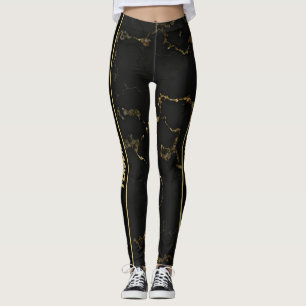 Modern Black and Gold Marbled Custom Text  Leggings
