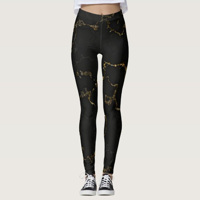 Modern Black and Gold Marbled  Leggings (Front)
