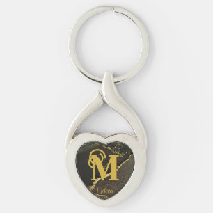 Modern Black and Gold Marbled Monogram  Keychain