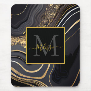 Modern Black and Gold Marbled Monogram Mouse Pad