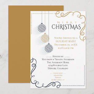 Modern Black and Gold Minimal Holiday Baubles Invitation