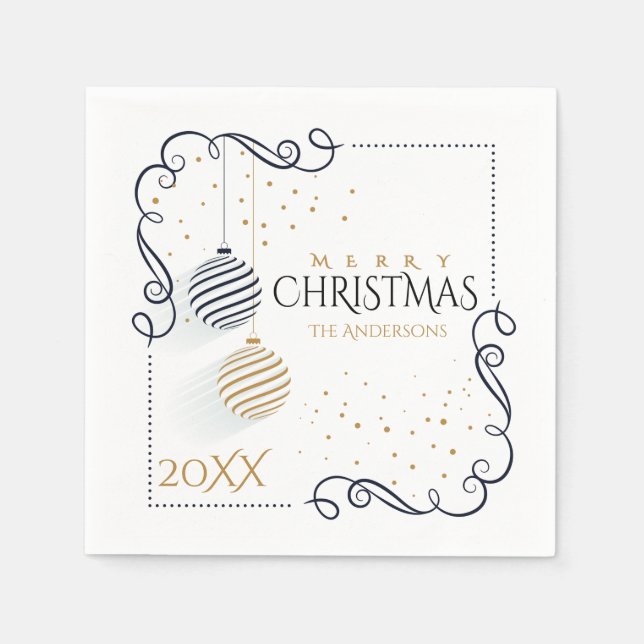 Modern Black and Gold Minimal Holiday Baubles Napkin (Front)