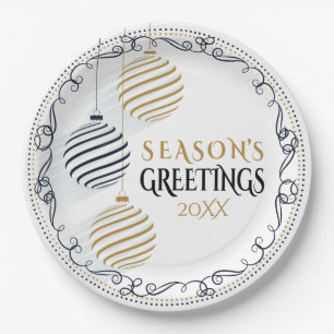 Modern Black and Gold Minimal Holiday Baubles Paper Plate