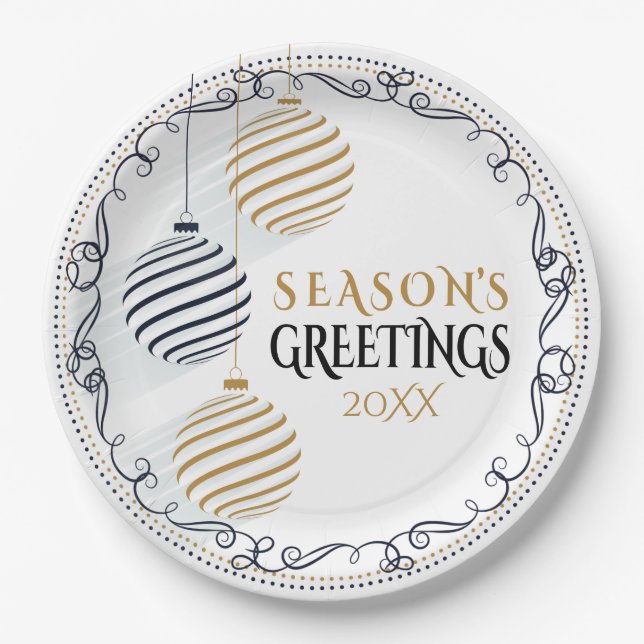 Modern Black and Gold Minimal Holiday Baubles Paper Plate (Front)