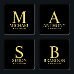 Modern Black and Gold Monogram and Name Groomsman Coaster Set<br><div class="desc">Modern Personalized Groomsman Gifts featuring personalized monogram, groomsman's name and title in gold classic serif font style on black background. Also perfect for Best Man, Father of the Bride and more. Please Note: The foil details are simulated in the artwork. No actual foil will be used in the making of...</div>