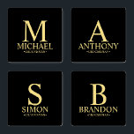 Modern Black and Gold Monogram and Name Groomsman Coaster Set<br><div class="desc">Modern Personalized Groomsman Gifts featuring personalized monogram, groomsman's name and title in gold classic serif font style on black background. Also perfect for Best Man, Father of the Bride and more. Please Note: The foil details are simulated in the artwork. No actual foil will be used in the making of...</div>