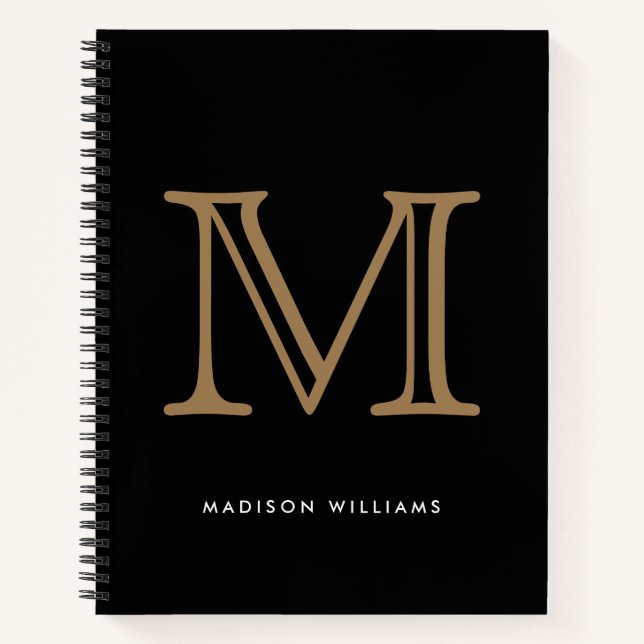 Modern Black and Gold Monogram Initial Notebook (Front)