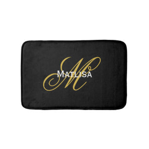 Modern Black and Gold Monogram Name Bath Mat