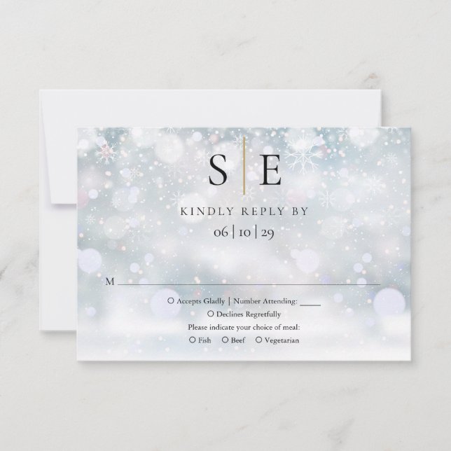 Modern Black And Gold Monogram Winter Wedding RSVP (Front)