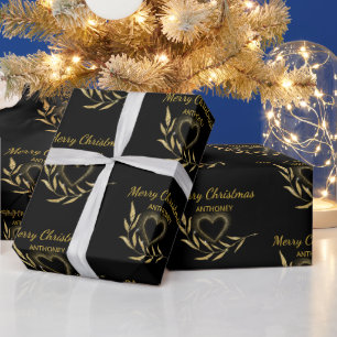 Modern Black and Gold  Name Heart Merry Christmas Wrapping Paper