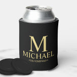 Modern Black and Gold Personalized Groomsman Can Cooler<br><div class="desc">Modern Black and Gold Personalized Groomsman Gifts featuring personalized monogram, groomsman's name and title in gold classic serif font style on black background. Also perfect for Best Man, Father of the Bride and more. Please Note: The foil details are simulated in the artwork. No actual foil will be used in...</div>