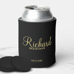 Modern Black and Gold Personalized Groomsman Can Cooler<br><div class="desc">Modern Black and Gold Personalized Groomsman Gifts featuring personalized groomsman's name in gold modern script font style with title and wedding date in modern sans serif font style on black background. Also perfect for best man, father of the bride, bridesmaid, maid of honour, mother of the bride and more. Please...</div>