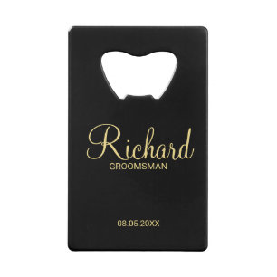 Modern Black and Gold Personalized Groomsman Credit Card Bottle Opener
