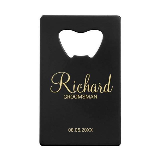 Modern Black and Gold Personalized Groomsman Credit Card Bottle Opener (Front)